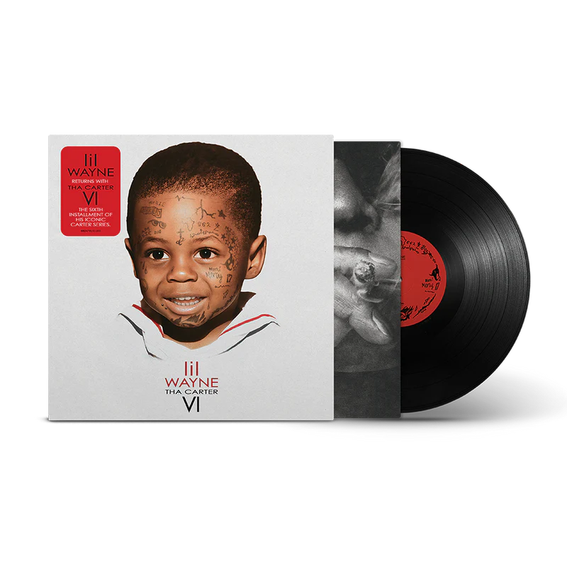 Vinyl album sleeve showing a smiling child with facial tattoos and Lil Wayne Tha Carter VI branding; red sticker on white cover, record partially pulled out outward.