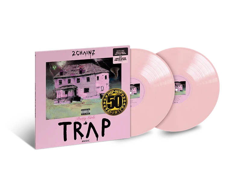 Pink vinyl edition of 2 Chainz' Trap Music album with a pink cover showing a dilapidated house and a black-gold 50th-anniversary sticker.