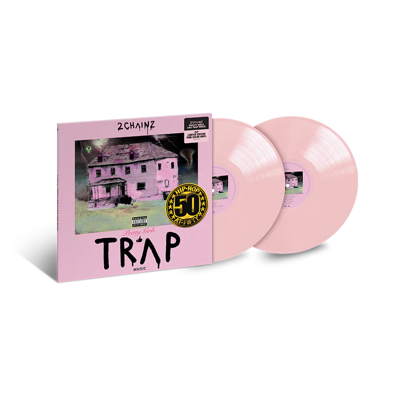 PGLTM.png – The 824 Journal Pink vinyl edition of 2 Chainz' Trap Music album with a pink cover showing a dilapidated house and a black-gold 50th-anniversary sticker.