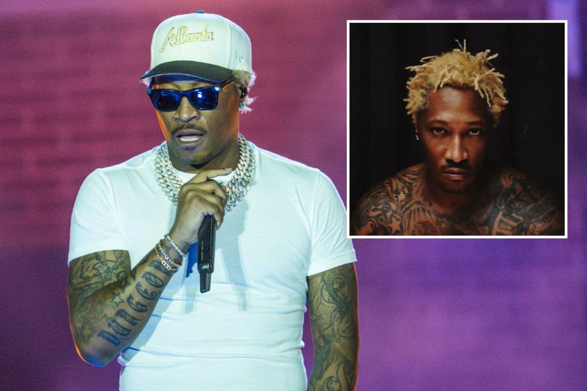 Hip-hop performer in a white T-shirt, cap, and sunglasses singing into a microphone on stage; inset shows a tattooed man with bleached blond hair in a bordered photo.