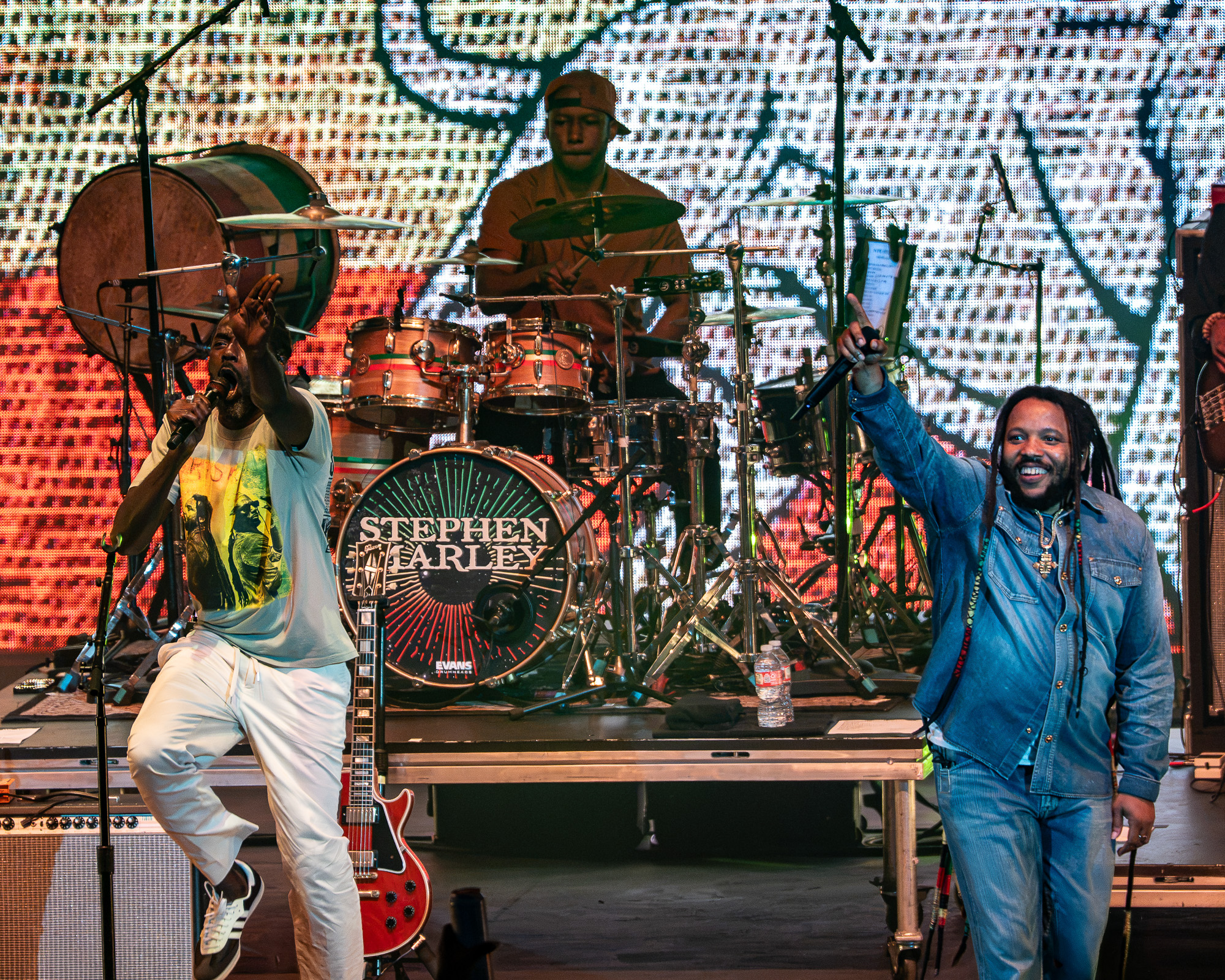 Stephen Marley and his band on stage at Pacific Amphitheatre in Costa Mesa.