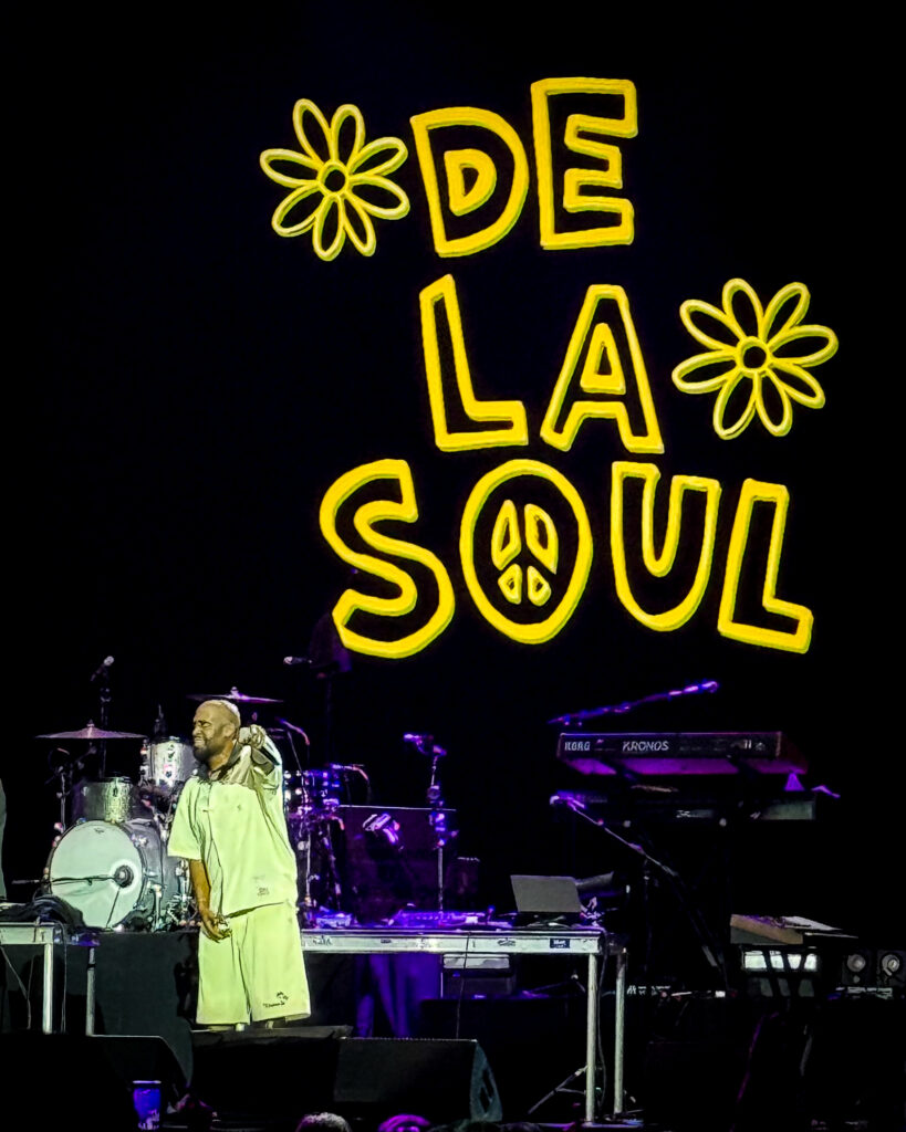 Nas-The-Roots-De-La-Soul-Great-Night-in-Hip Hop-28 – The 824 Journal Live concert scene with a performer in light clothes on stage; neon yellow'DE LA SOUL' sign and flowers on a dark backdrop.