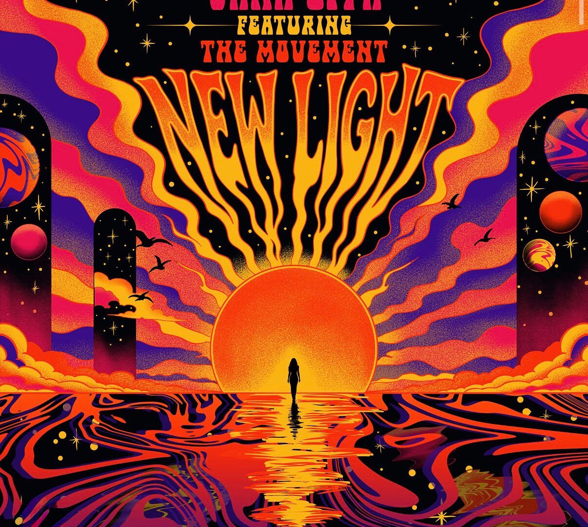Screenshot – The 824 Journal Poster for 'NEW LIGHT' featuring a lone figure walking toward a radiant sunset with psychedelic orange, pink, and purple waves and a starry sky above the horizon.