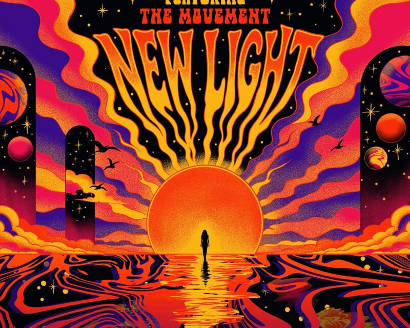 Poster for 'NEW LIGHT' featuring a lone figure walking toward a radiant sunset with psychedelic orange, pink, and purple waves and a starry sky above the horizon.