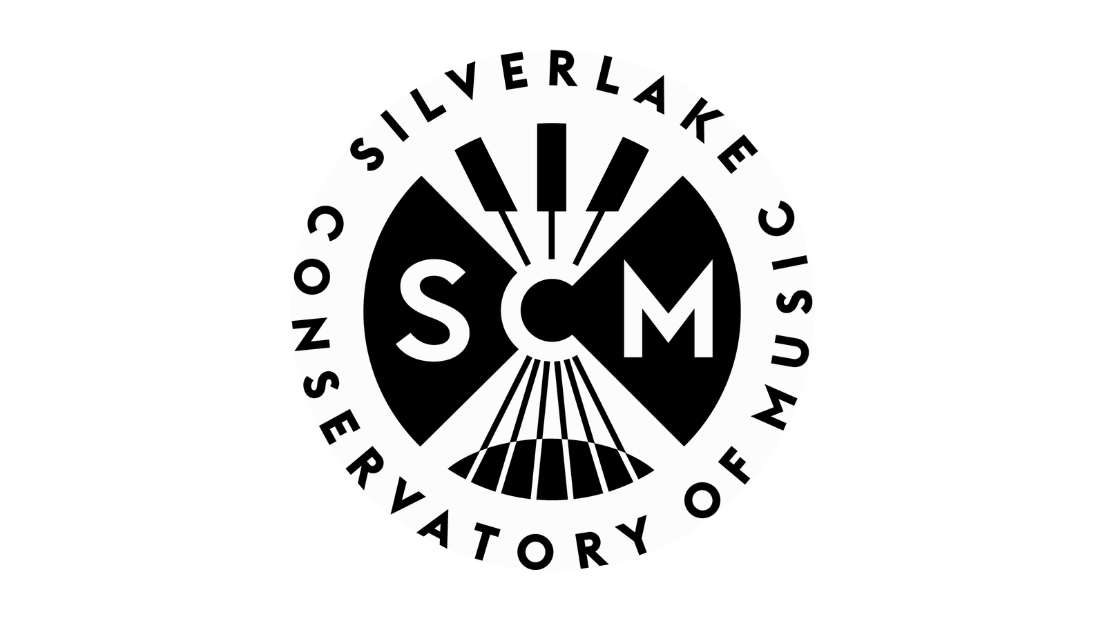 Logo for Silver Lake Conservatory of Music featuring SCM initials and a circular piano-key motif in black and white.