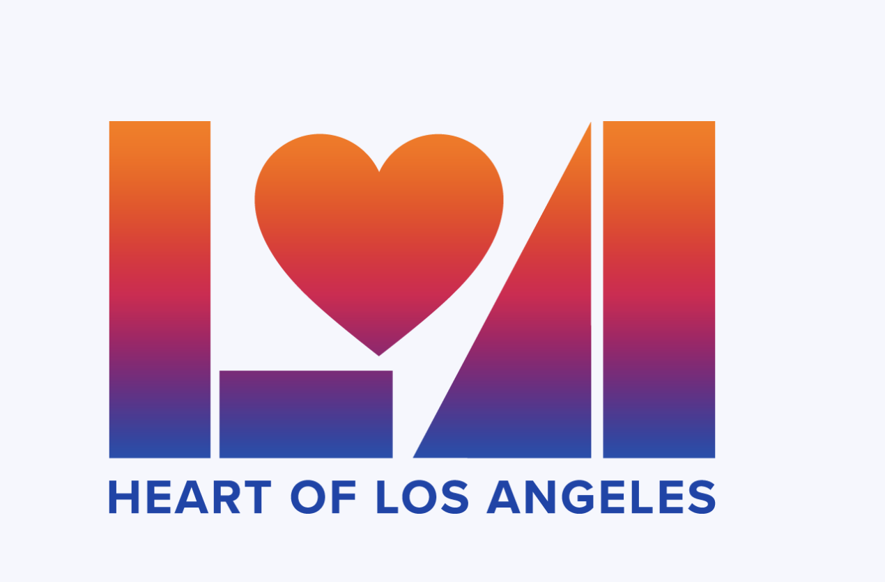 Gradient 'I ♥ LA' logo with orange-to-blue heart and bars and bold 'HEART OF LOS ANGELES' text beneath.