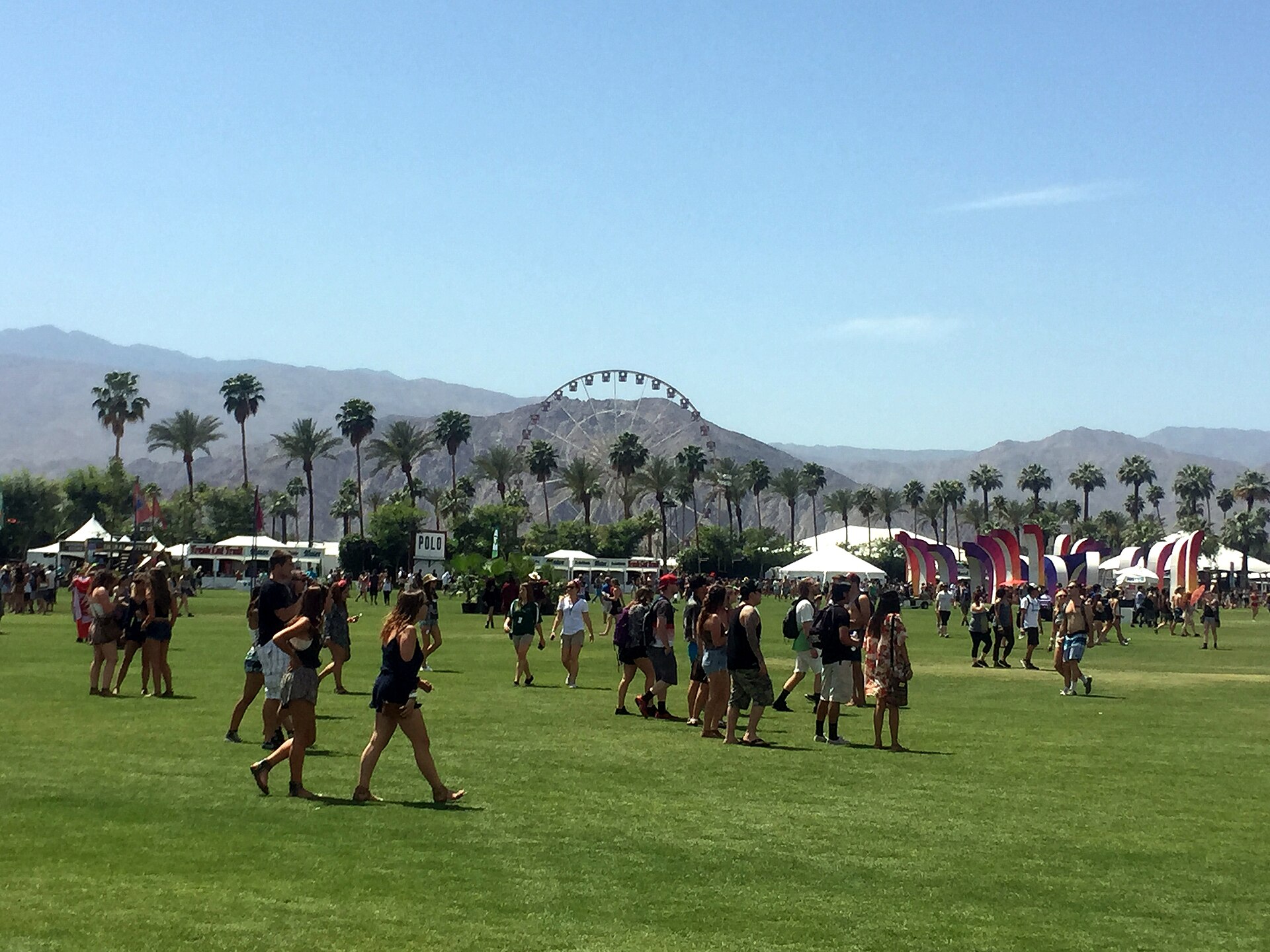 Festivalgoers on the grass field at Coachella with the ferris wheel, palm trees, and desert mountains in the background