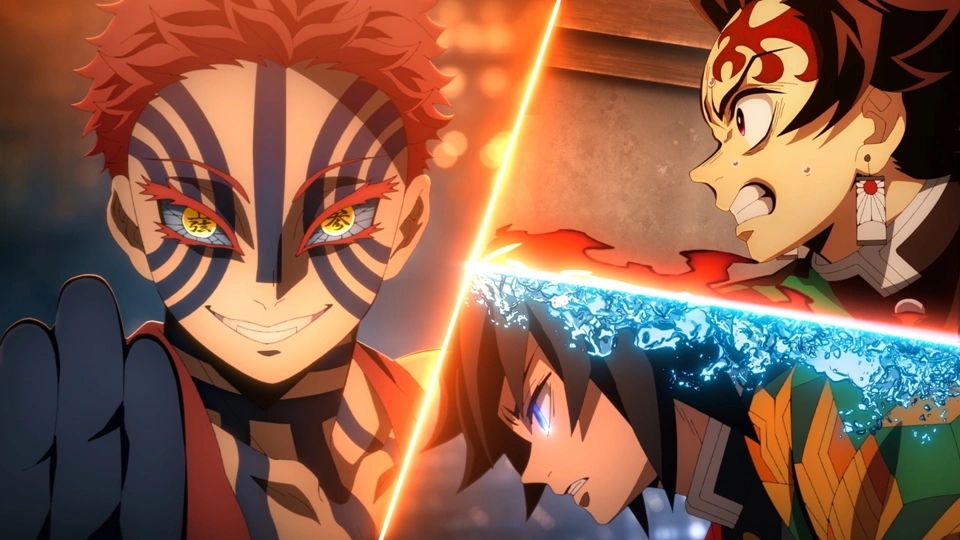 Demon Slayer: Infinity Castle key art showing three characters split by a glowing orange beam.