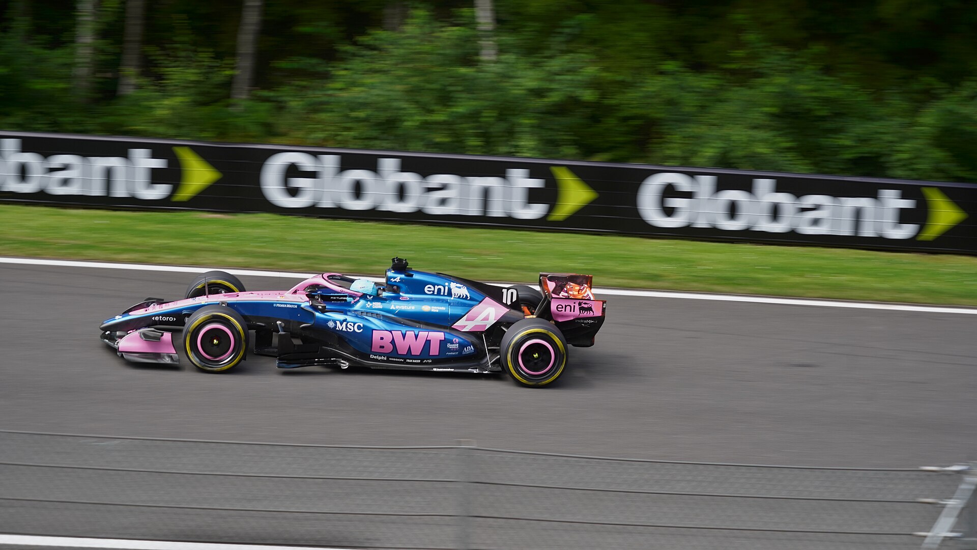 Pierre Gasly drives the 2026 Alpine A526 Formula 1 car at Spa-Francorchamps in July 2026.