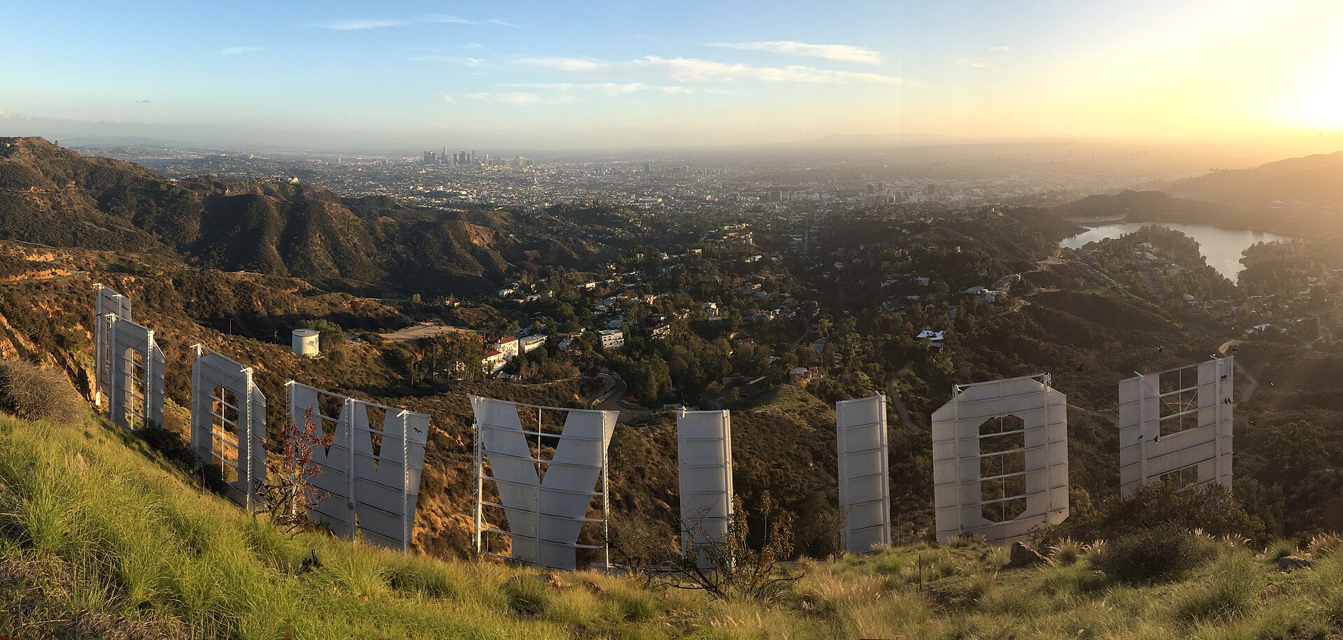 The back of the Hollywood Sign letters on Mount Lee, looking out over the Los Angeles basin