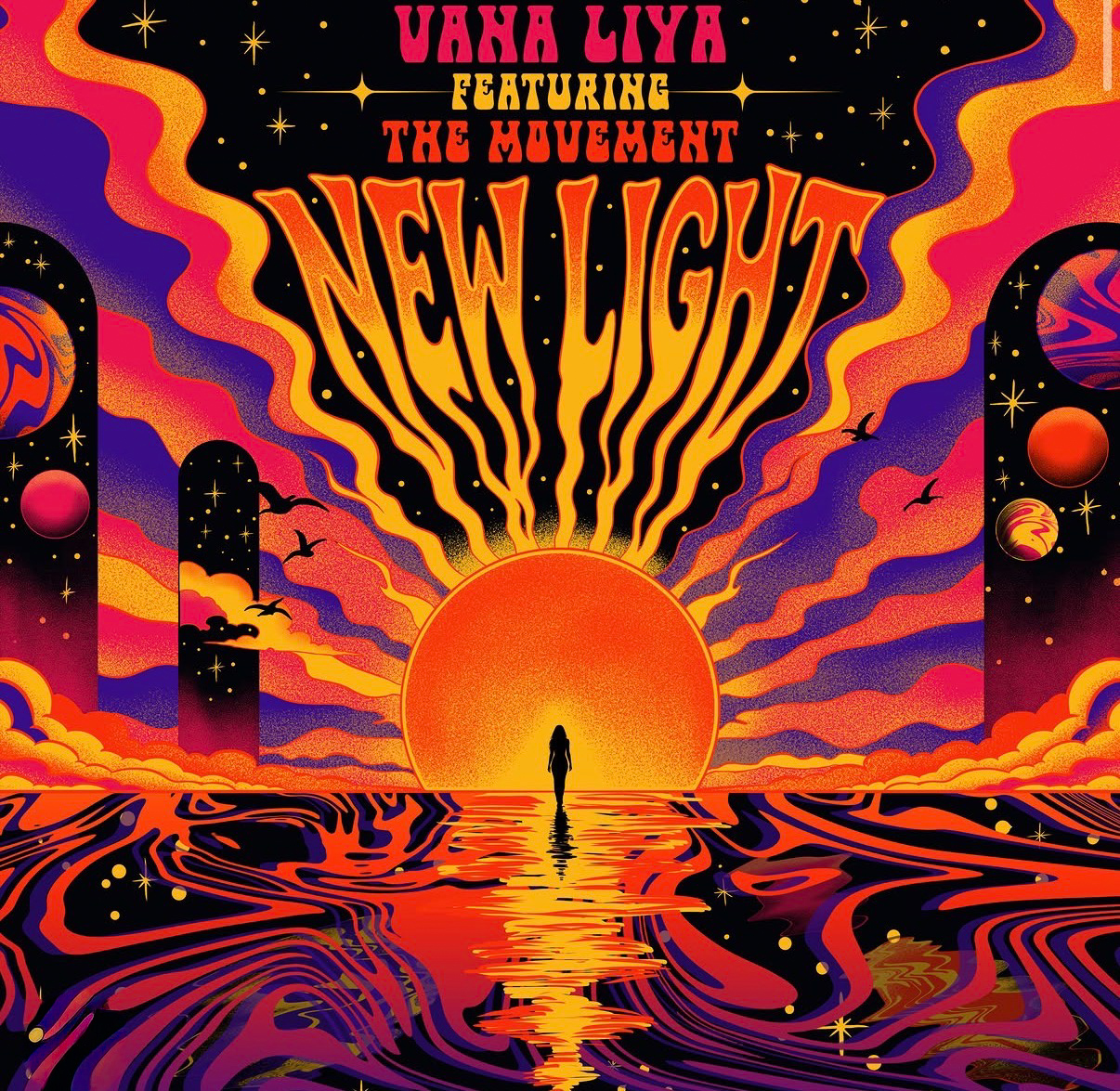 Poster for 'NEW LIGHT' featuring a lone figure walking toward a radiant sunset with psychedelic orange, pink, and purple waves and a starry sky above the horizon.
