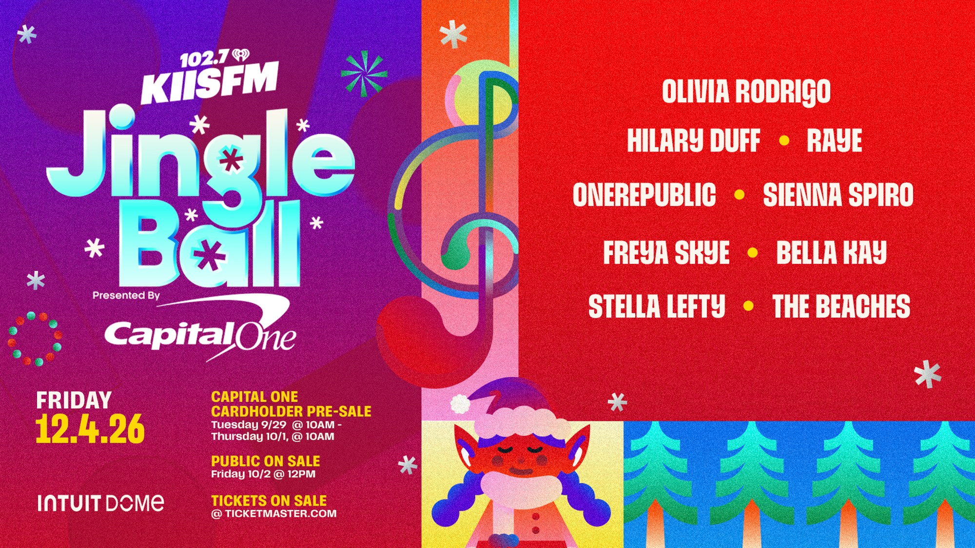 102.7 KIIS FM Jingle Ball 2026 official lineup graphic: Olivia Rodrigo, Hilary Duff, RAYE, OneRepublic, Sienna Spiro, Freya Skye, Bella Kay, Stella Lefty and The Beaches, Friday December 4, 2026 at Intuit Dome, presented by Capital One