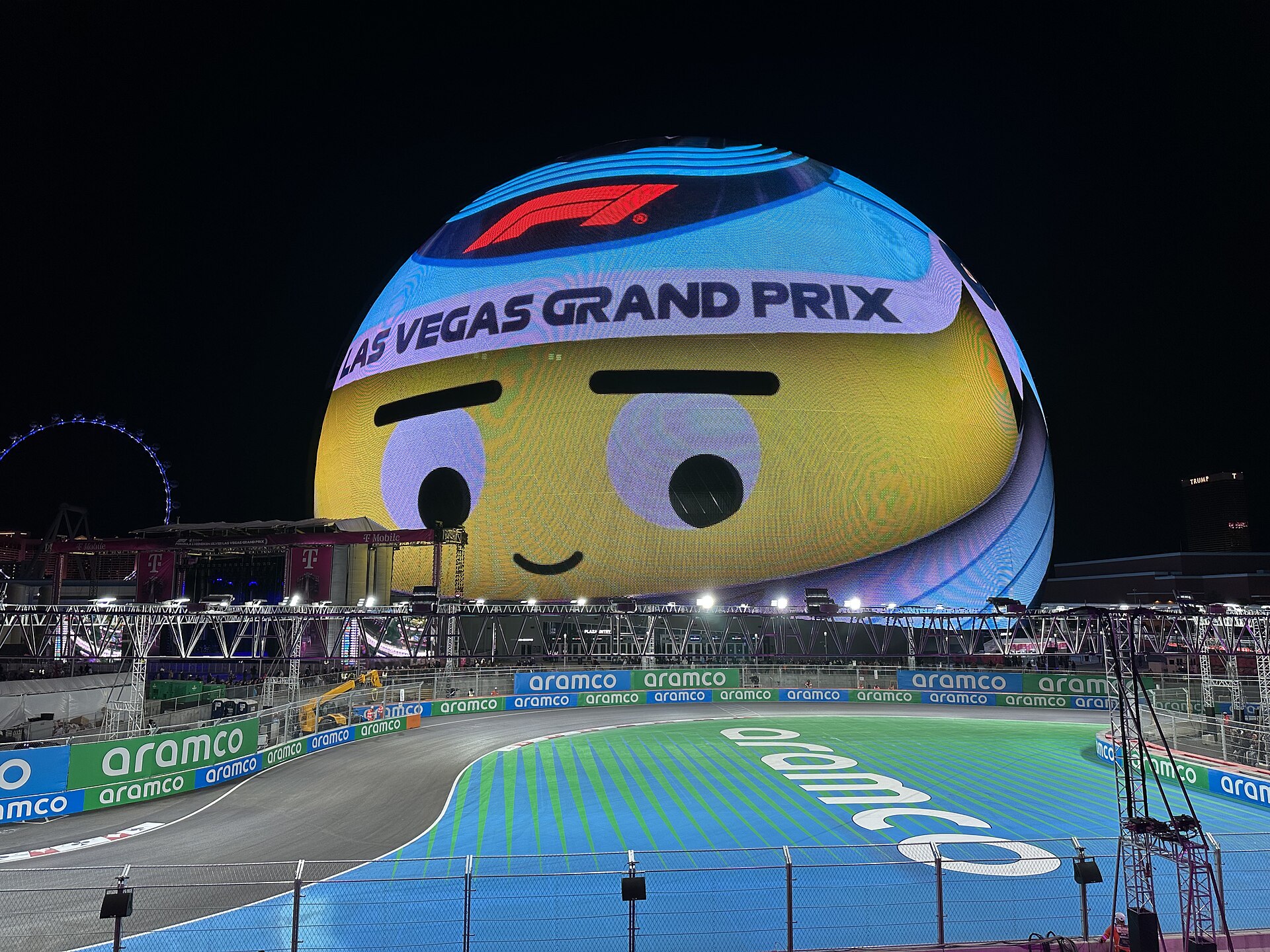 The Sphere displays a Las Vegas Grand Prix graphic above turns 7 and 8 of the Las Vegas Strip Circuit on race night in November 2024.