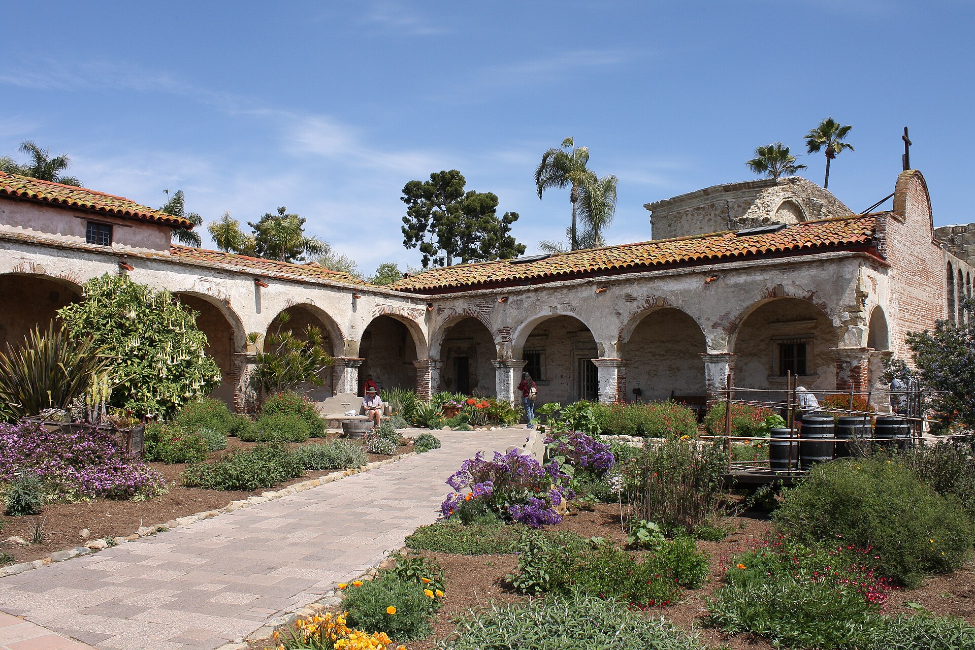 The arched South Wing and flowering gardens of Mission San Juan Capistrano under a blue sky