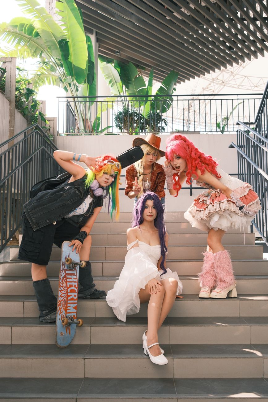 colorful street fashion group on urban staircase