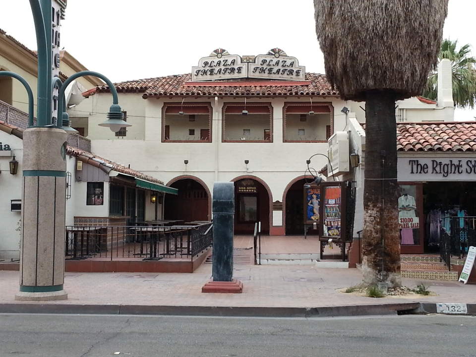 The Spanish-style facade of the historic Plaza Theatre on South Palm Canyon Drive in Palm Springs