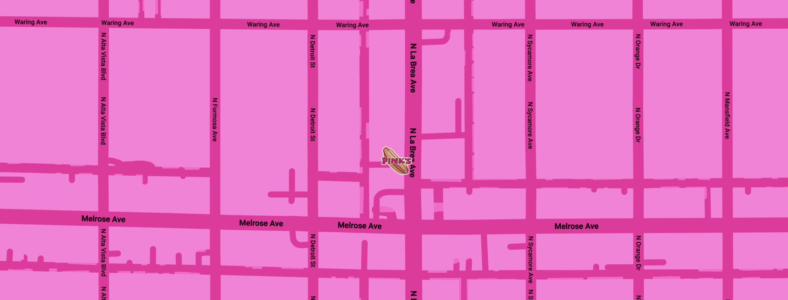 Pink-tinted map of a West Hollywood street grid with Melrose Ave, Waring Ave, N La Brea Ave labeled; Pink's logo near the center.