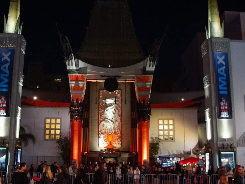 The TCL Chinese Theatre on Hollywood Boulevard at night, its facade lit red and gold with a crowd on the forecourt