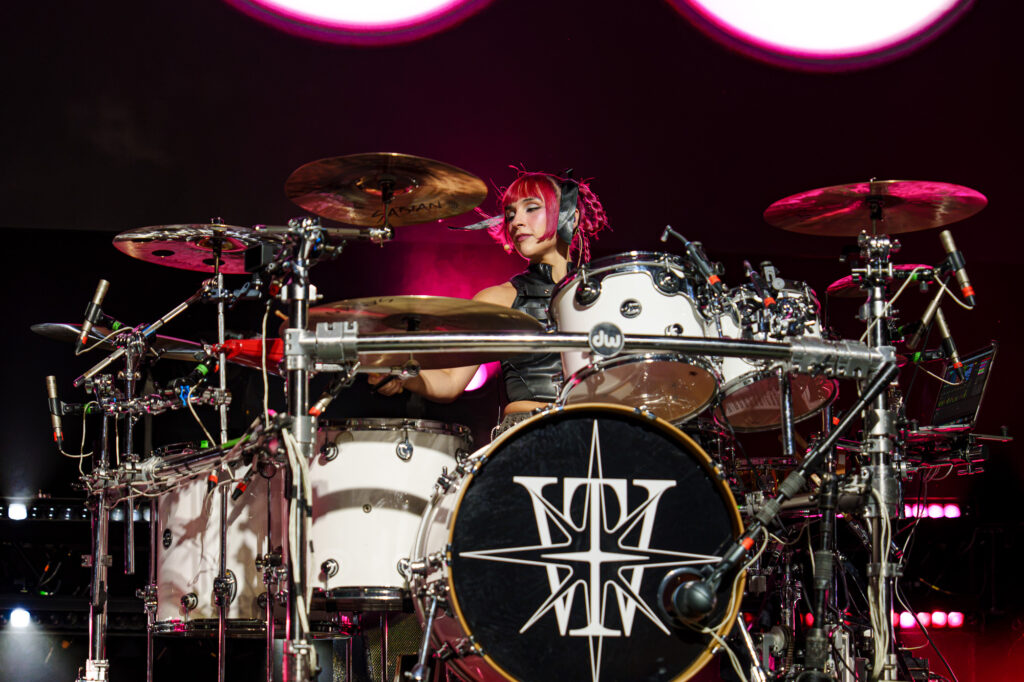 The-Warning-The-Fonda-Theater-Zharmaine-Boatman-The-824-Journal-3 – The 824 Journal The Warning at The Fonda Theatre in Los Angeles: female drummer with pink hair performs behind a white.