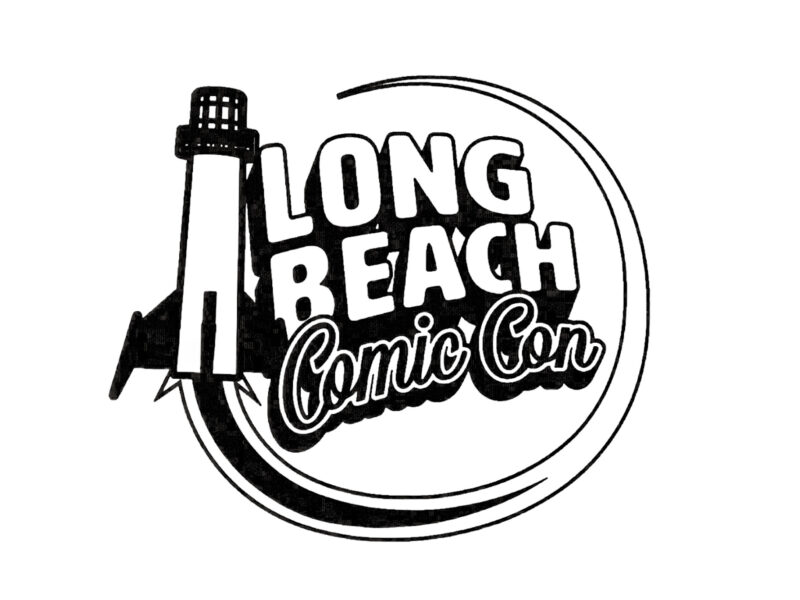 Long Beach Comic Con logo in black and white with a microphone illustration and curved border.
