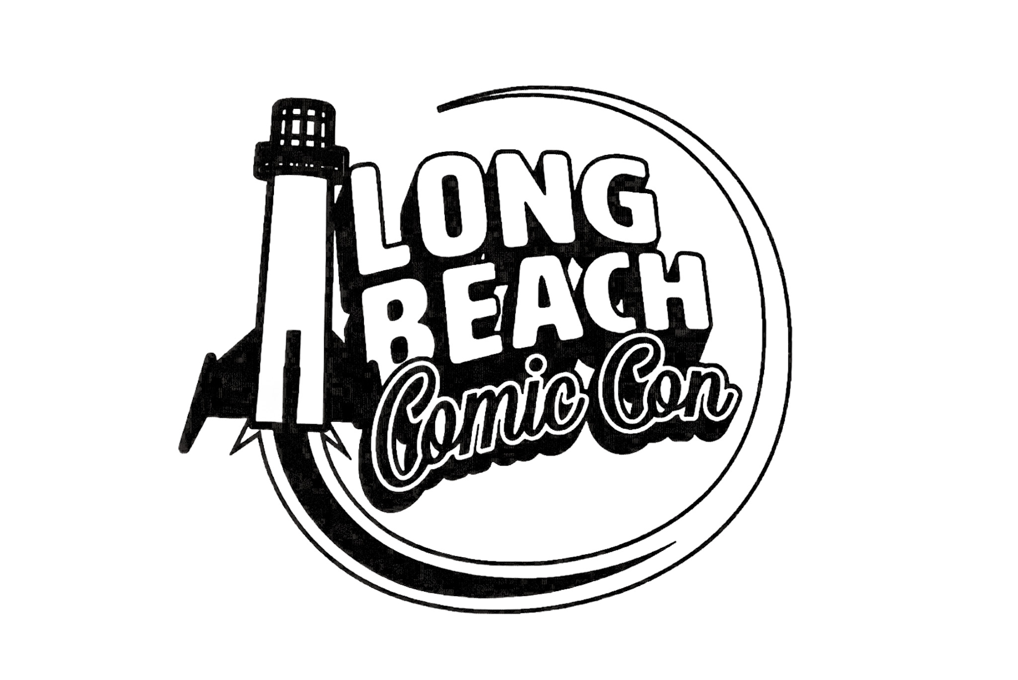 Long Beach Comic Con logo in black and white with a microphone illustration and curved border.