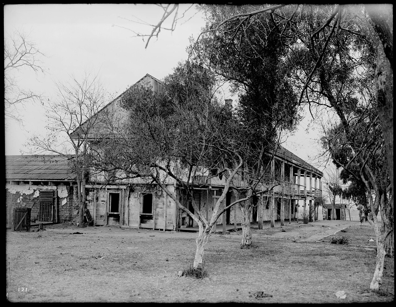 Black-and-white photo of the two-story Rancho Los Cerritos ranch house in Long Beach, framed by trees, around 1900