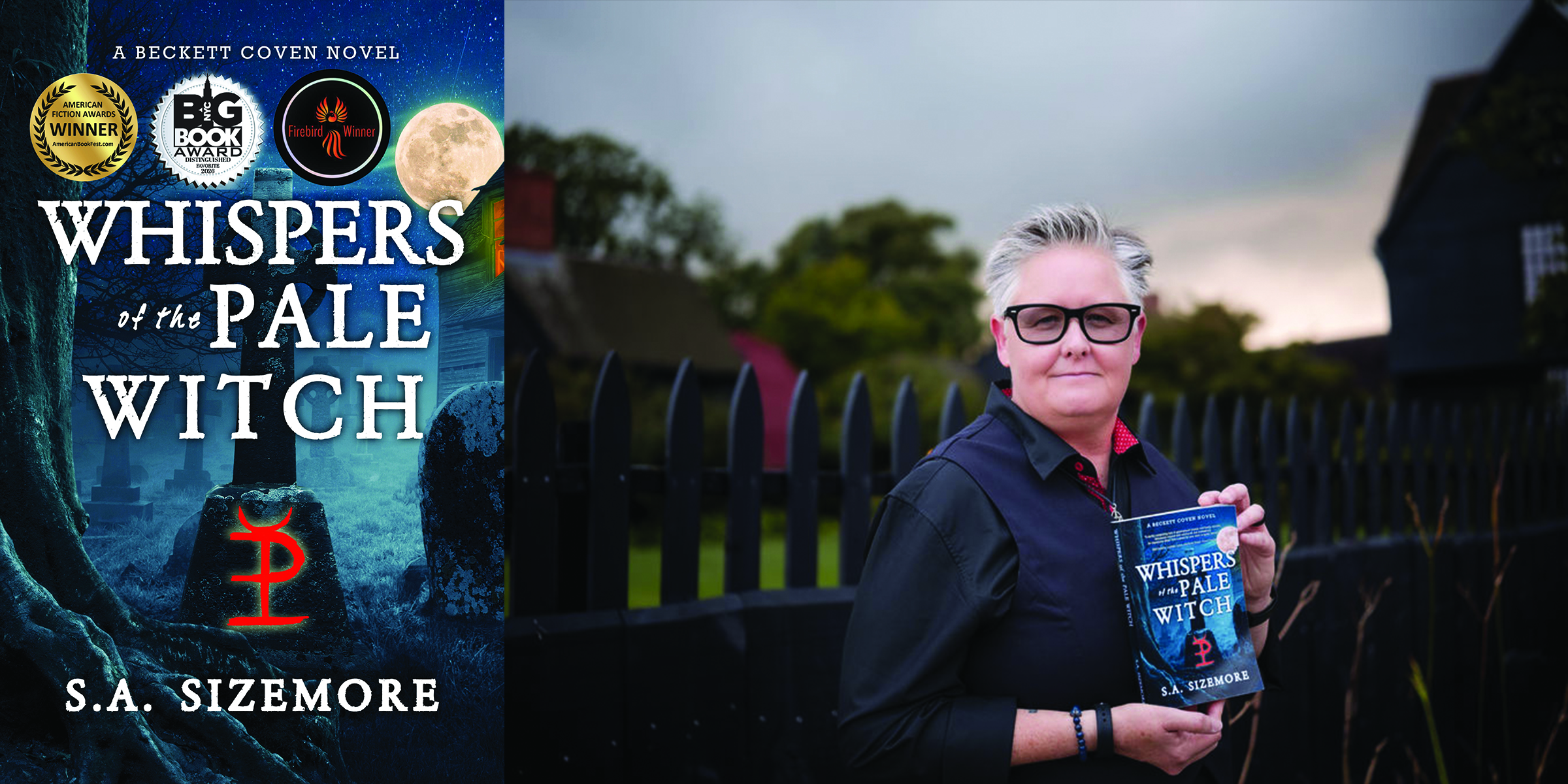 Cover of Whispers of the Pale Witch beside author S.A. Sizemore in Salem, Massachusetts