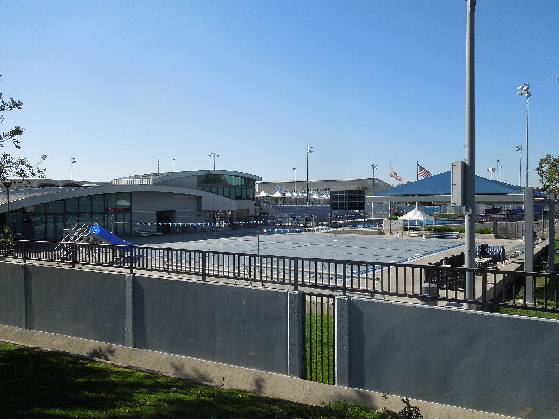 The pool deck and buildings at the William Woollett Jr. Aquatics Center in Irvine